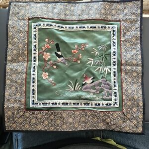 Embroidered Silk Scarf with Bird and Floral Design